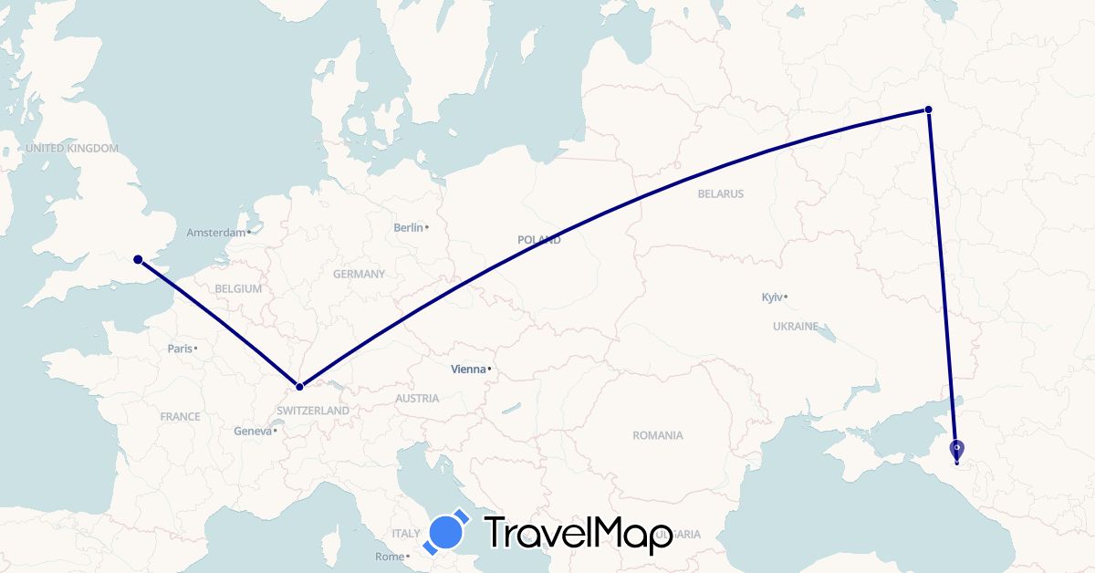 TravelMap itinerary: driving in Switzerland, United Kingdom, Russia (Europe)